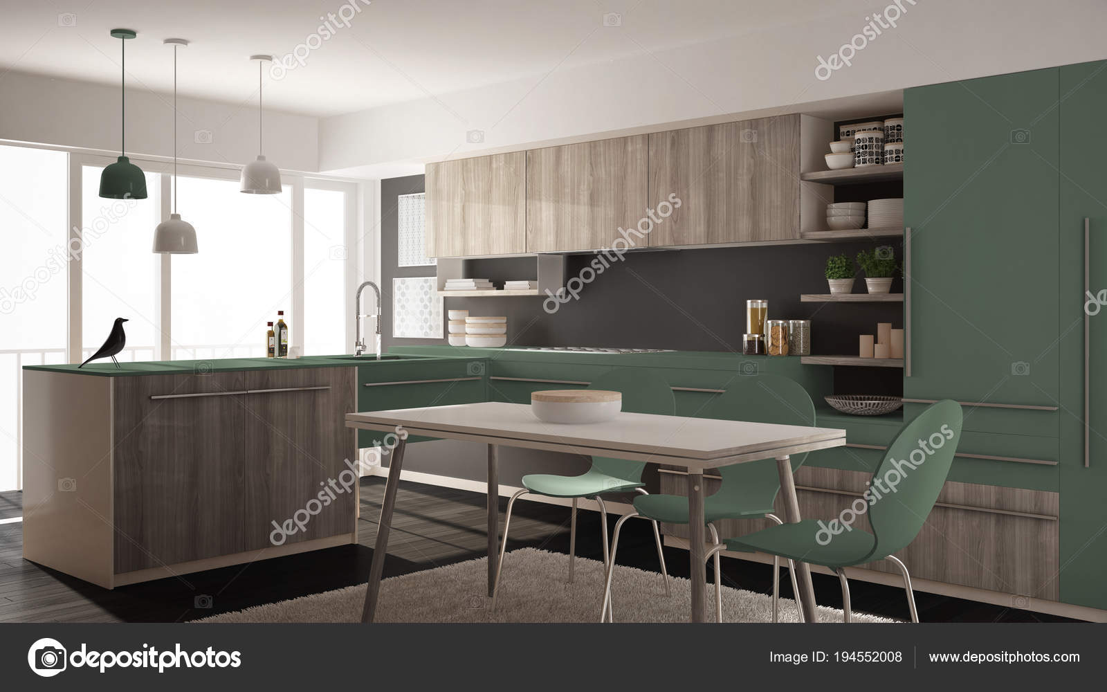 Cocina moderna de madera minimalista con mesa de comedor, alfombras ... Cocina moderna de madera minimalista con mesa de comedor, alfombras ...