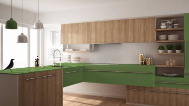 Parke zemin, halı ve panoramik pencere, beyaz ve yeşil mimari iç tasarım Modern minimalist Ahşap mutfak
