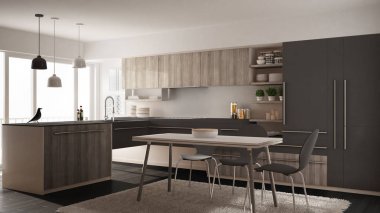 Modern minimalist Ahşap mutfak yemek masası, halı ve panoramik pencere, beyaz ve gri mimari iç tasarım