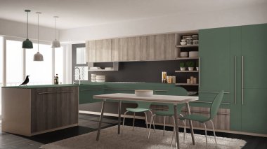 Modern minimalist Ahşap mutfak yemek masası, halı ve panoramik pencere, gri ve yeşil mimari iç tasarım