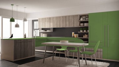 Modern minimalist Ahşap mutfak yemek masası, halı ve panoramik pencere, gri ve yeşil mimari iç tasarım