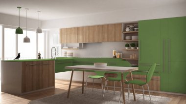 Modern minimalist Ahşap mutfak yemek masası, halı ve panoramik pencere, beyaz ve yeşil mimari iç tasarım