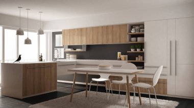 Modern minimalist Ahşap mutfak yemek masası, halı ve panoramik pencere, beyaz ve gri mimari iç tasarım