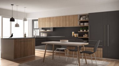 Modern minimalist Ahşap mutfak yemek masası, halı ve panoramik pencere, beyaz ve gri mimari iç tasarım