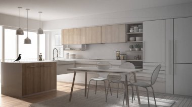 Tamamlanmamış proje modern minimalist mutfak yemek masası, halı ve panoramik penceresinde, mimari iç tasarım