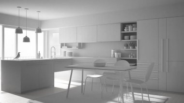 Toplam beyaz proje modern minimalist mutfak yemek masası, halı ve panoramik penceresinde, mimari iç tasarım