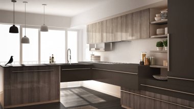 Parke zemin, halı ve panoramik pencere, beyaz ve gri mimari iç tasarım Modern minimalist Ahşap mutfak