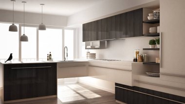 Parke zemin, halı ve panoramik pencere, beyaz ve gri mimari iç tasarım Modern minimalist Ahşap mutfak