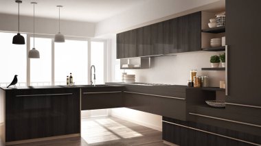 Parke zemin, halı ve panoramik pencere, beyaz ve gri mimari iç tasarım Modern minimalist Ahşap mutfak