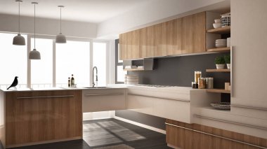 Parke zemin, halı ve panoramik pencere, beyaz ve gri mimari iç tasarım Modern minimalist Ahşap mutfak