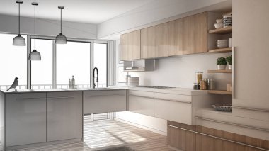 Tamamlanmamış proje modern minimalist mutfak parke zemin, halı ve panoramik penceresinde, mimari iç tasarım