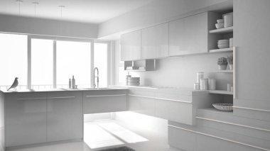 Toplam beyaz proje modern minimalist mutfak ada, halı ve panoramik penceresinde, mimari iç tasarım