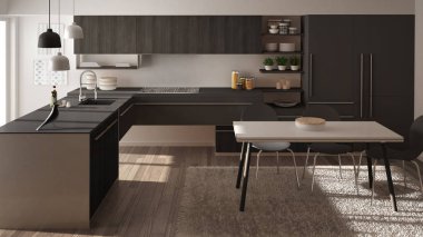 Modern minimalist Ahşap mutfak yemek masası, halı ve panoramik pencere, beyaz ve gri mimari iç tasarım