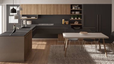 Modern minimalist Ahşap mutfak yemek masası, halı ve panoramik pencere, beyaz ve gri mimari iç tasarım