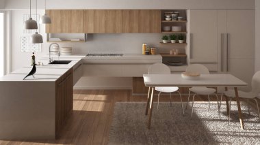 Modern minimalist Ahşap mutfak yemek masası, halı ve panoramik penceresinde, beyaz mimari iç tasarım