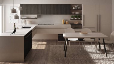Modern minimalist Ahşap mutfak yemek masası, halı ve panoramik pencere, beyaz ve gri mimari iç tasarım