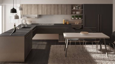 Modern minimalist Ahşap mutfak yemek masası, halı ve panoramik pencere, beyaz ve gri mimari iç tasarım