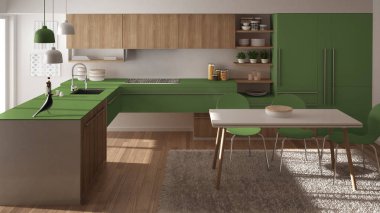 Modern minimalist Ahşap mutfak yemek masası, halı ve panoramik pencere, beyaz ve yeşil mimari iç tasarım