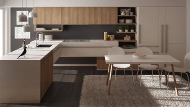 Modern minimalist Ahşap mutfak yemek masası, halı ve panoramik pencere, beyaz ve gri mimari iç tasarım
