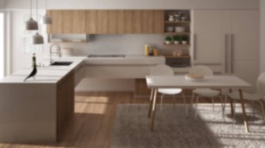 Arka plan iç tasarım, modern minimalist Ahşap mutfak parke zemin, halı ve panoramik pencere, beyaz kopyalama alanı mimarisi ile bulanıklık