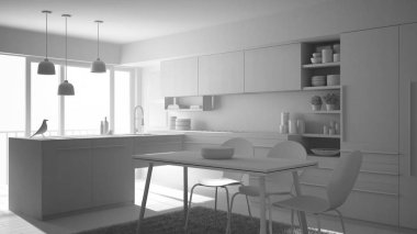 Toplam beyaz proje modern minimalist mutfak yemek masası, halı ve panoramik penceresinde, mimari iç tasarım