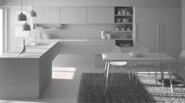 Toplam beyaz proje modern minimalist mutfak yemek masası, halı ve panoramik penceresinde, mimari iç tasarım