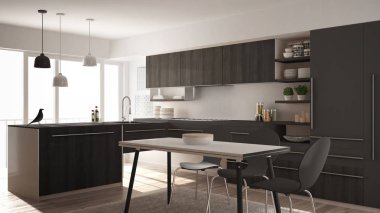 Modern minimalist Ahşap mutfak yemek masası, halı ve panoramik pencere, beyaz ve gri mimari iç tasarım