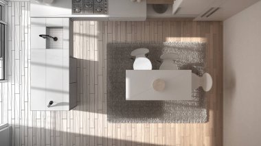 Üst görüntülemek, parke zemin ve halı, beyaz kopyalama alanı mimarisi ile modern minimalist Ahşap mutfak tamamlanmamış proje