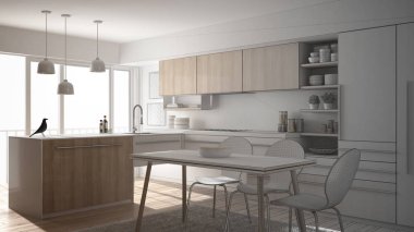 Tamamlanmamış proje modern minimalist mutfak yemek masası, halı ve panoramik penceresinde, mimari iç tasarım