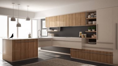 Parke zemin, halı ve panoramik pencere, beyaz ve gri mimari iç tasarım Modern minimalist Ahşap mutfak