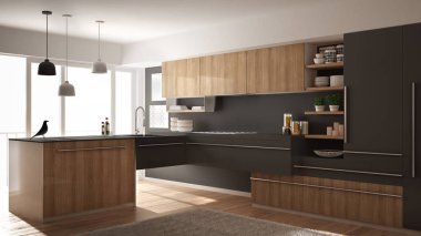 Parke zemin, halı ve panoramik pencere, beyaz ve gri mimari iç tasarım Modern minimalist Ahşap mutfak