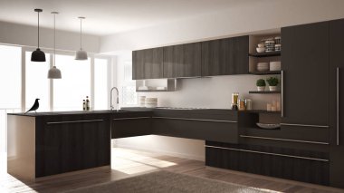 Parke zemin, halı ve panoramik pencere, beyaz ve gri mimari iç tasarım Modern minimalist Ahşap mutfak