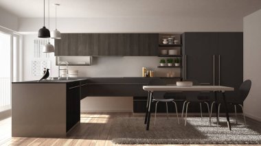 Modern minimalist Ahşap mutfak yemek masası, halı ve panoramik pencere, beyaz ve gri mimari iç tasarım