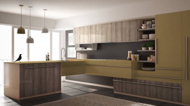 Parke zemin, halı ve panoramik pencere, gri ve sarı mimari iç tasarım Modern minimalist Ahşap mutfak