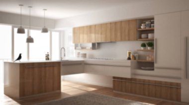 Arka plan iç tasarım, modern minimalist Ahşap mutfak parke zemin, halı ve panoramik pencere, beyaz kopyalama alanı mimarisi ile bulanıklık