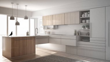Tamamlanmamış proje modern minimalist mutfak parke zemin, halı ve panoramik penceresinde, mimari iç tasarım