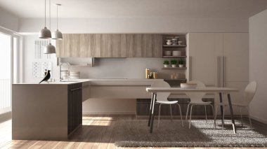 Modern minimalist Ahşap mutfak yemek masası, halı ve panoramik penceresinde, beyaz mimari iç tasarım