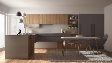 Modern minimalist Ahşap mutfak yemek masası, halı ve panoramik pencere, beyaz ve mor mimari iç tasarım