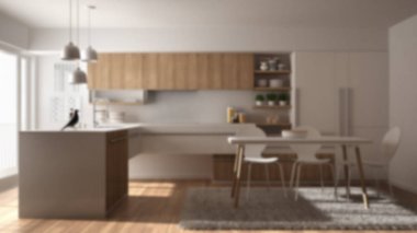 Arka plan iç tasarım, modern minimalist Ahşap mutfak parke zemin, halı ve panoramik pencere, beyaz kopyalama alanı mimarisi ile bulanıklık