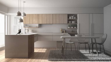 Tamamlanmamış proje modern minimalist mutfak yemek masası, halı ve panoramik penceresinde, mimari iç tasarım