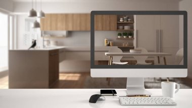 Mimar ev proje kavramı, gerçek gösterilen beyaz çalışma masası üstünde okul sırası bilgisayar minimalist beyaz ve ahşap mutfak, minimalist bulanık iç tasarım arka planda bitmiş.
