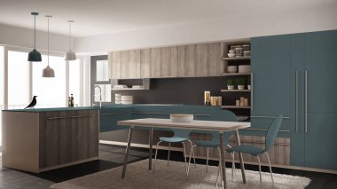 Modern minimalist Ahşap mutfak yemek masası, halı ve panoramik pencere, gri ve mavi mimari iç tasarım