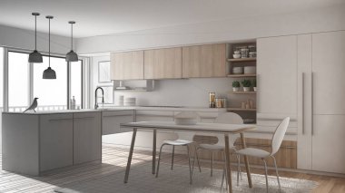 Tamamlanmamış proje modern minimalist mutfak yemek masası, halı ve panoramik penceresinde, mimari iç tasarım