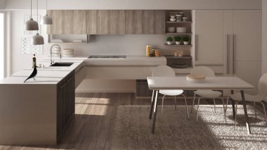 Modern minimalist Ahşap mutfak yemek masası, halı ve panoramik penceresinde, beyaz mimari iç tasarım