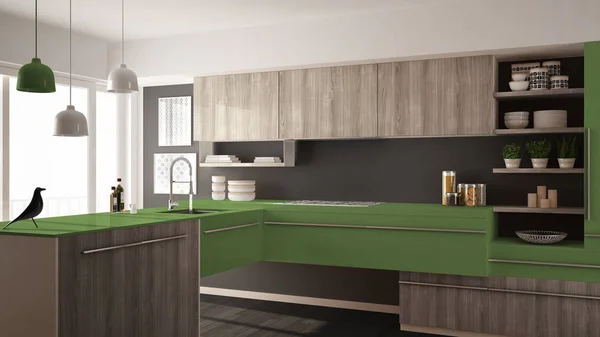 Современная минималистичная деревянная кухня с паркетным полом, ковром и панорамным окном, дизайном интерьера в стиле модерн и зеленой архитектуры — стоковое фото