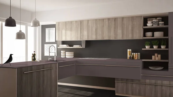 Moderna cocina minimalista de madera con suelo de parquet, alfombra y ventana panorámica, diseño interior de arquitectura gris y violeta — Foto de Stock