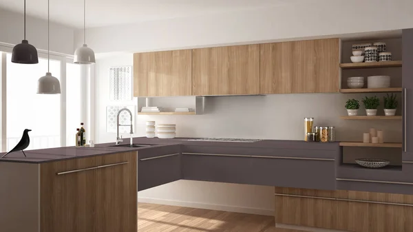 Moderne minimalistische Holzküche mit Parkettboden, Teppich und Panoramafenster, Innenarchitektur in weiß und violett — Stockfoto