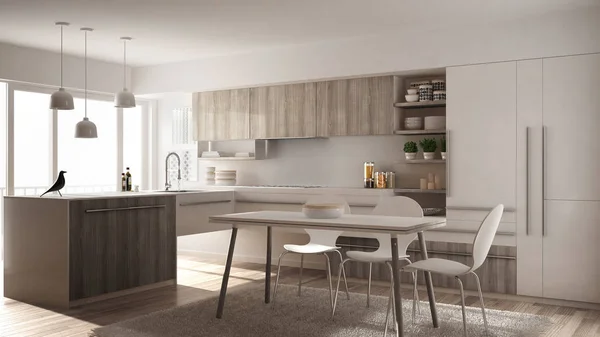 Современная минималистичная деревянная кухня с обеденным столом, ковровым покрытием и панорамным окном, интерьер белой архитектуры — стоковое фото