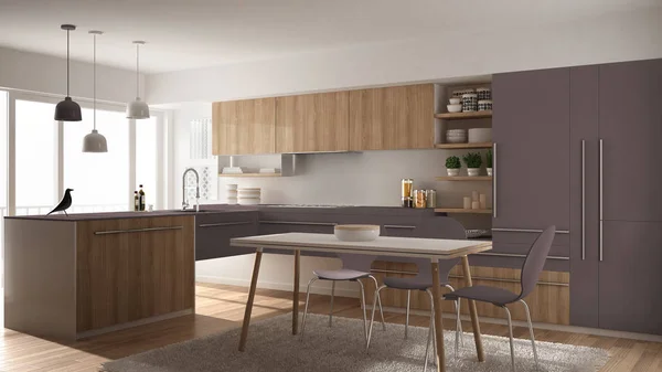 Современная минималистичная деревянная кухня с обеденным столом, ковровым покрытием и панорамным окном, дизайном интерьера в белом и фиолетовом стиле — стоковое фото