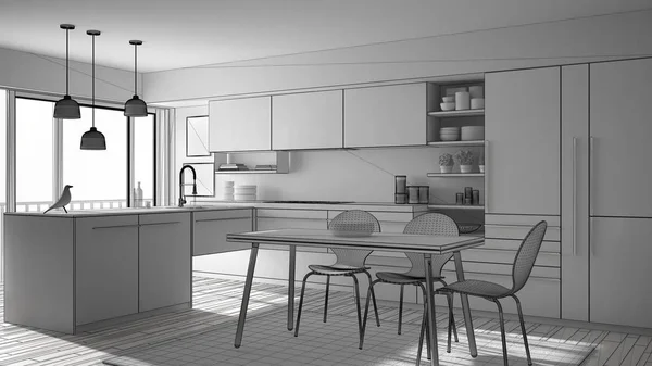 Proyek yang belum selesai dari dapur minimalistik modern dengan meja makan, karpet dan jendela panorama, desain interior arsitektur — Stok Foto
